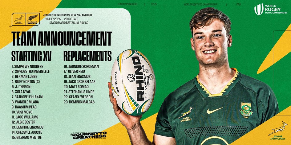 Junior Boks name unchanged line-up for World Rugby U20 Championship Final