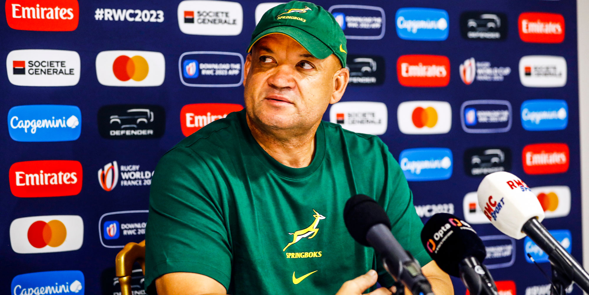 Deon Davids fronts the media at the Rugby World Cup in France.