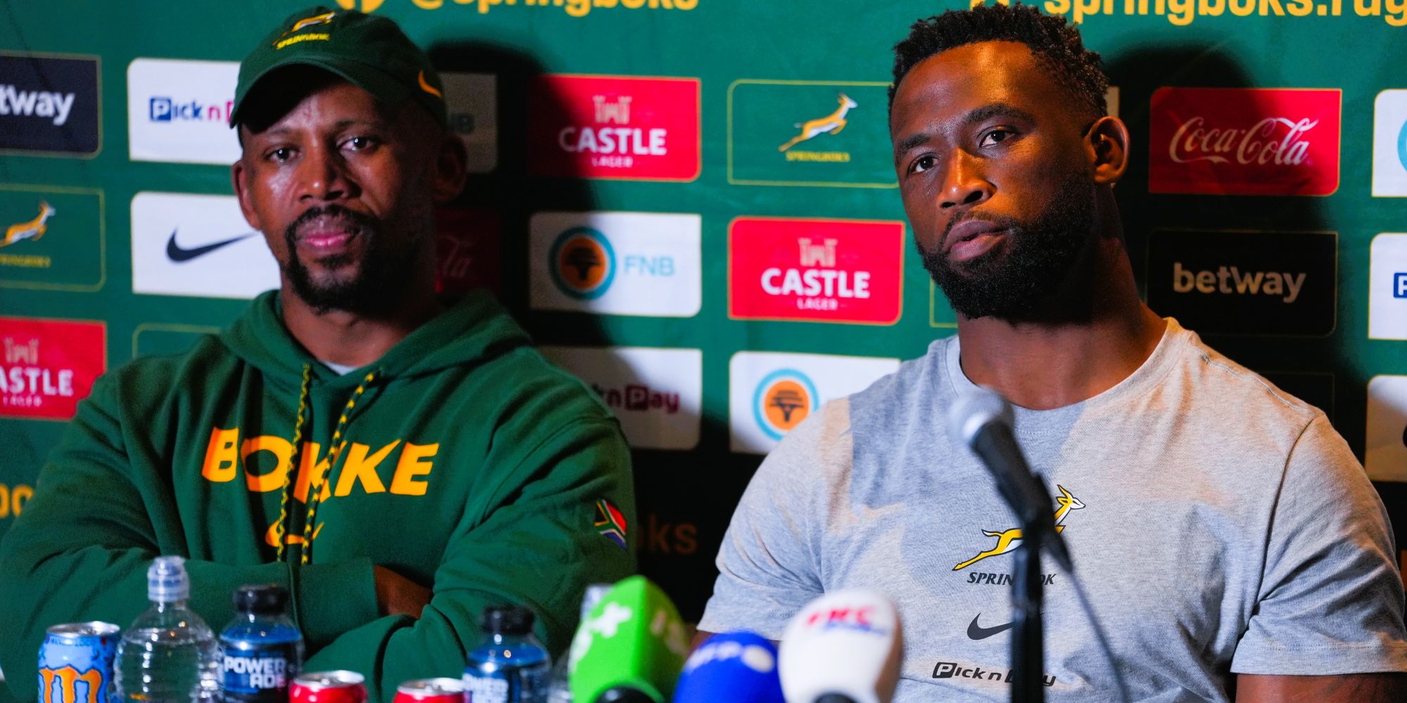 Mzwandile Stick and Siya Kolisi front the media in Paris on Friday.