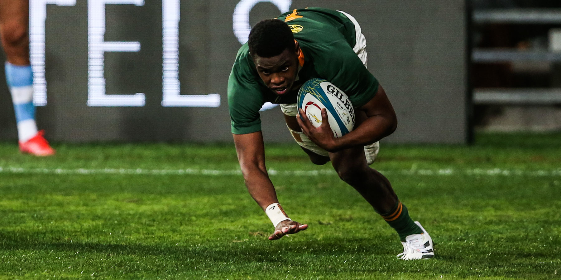 Aphelele Fassi goes over for his second Test try in his second Test for the Boks.