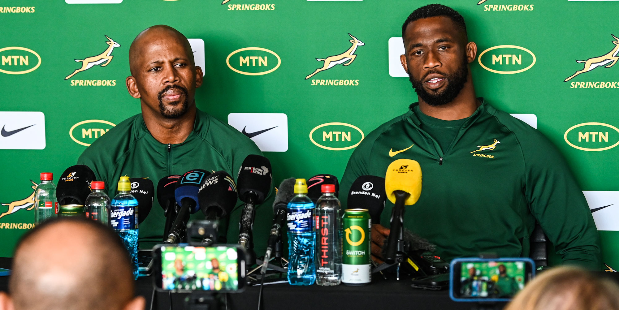 Mzwandile Stick and Siya Kolisi front the media in Johannesburg on Friday.