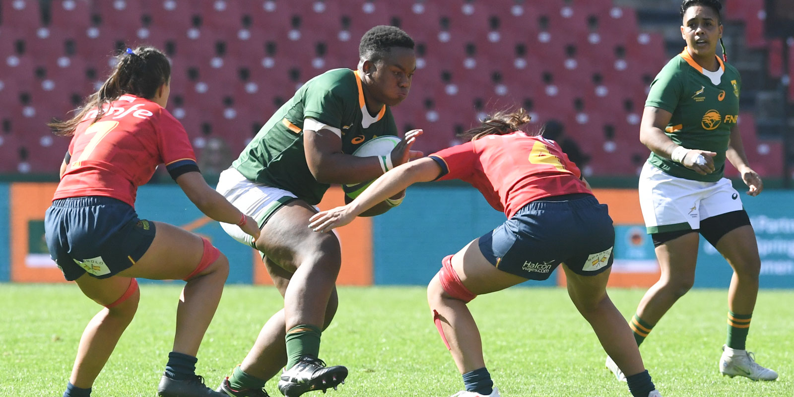 Babalwa Latsha carries strongly against Spain in Johannesburg.