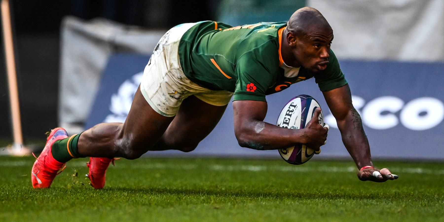 Makazole Mapimpi goes over for one of his two tries.