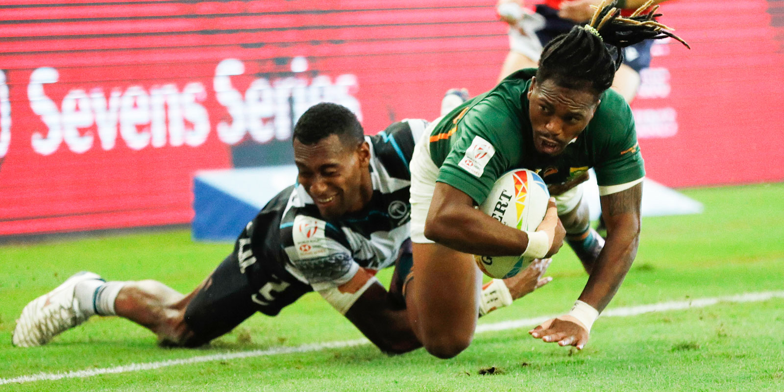 Darren Adonis stopped on the corner flag against Fiji.