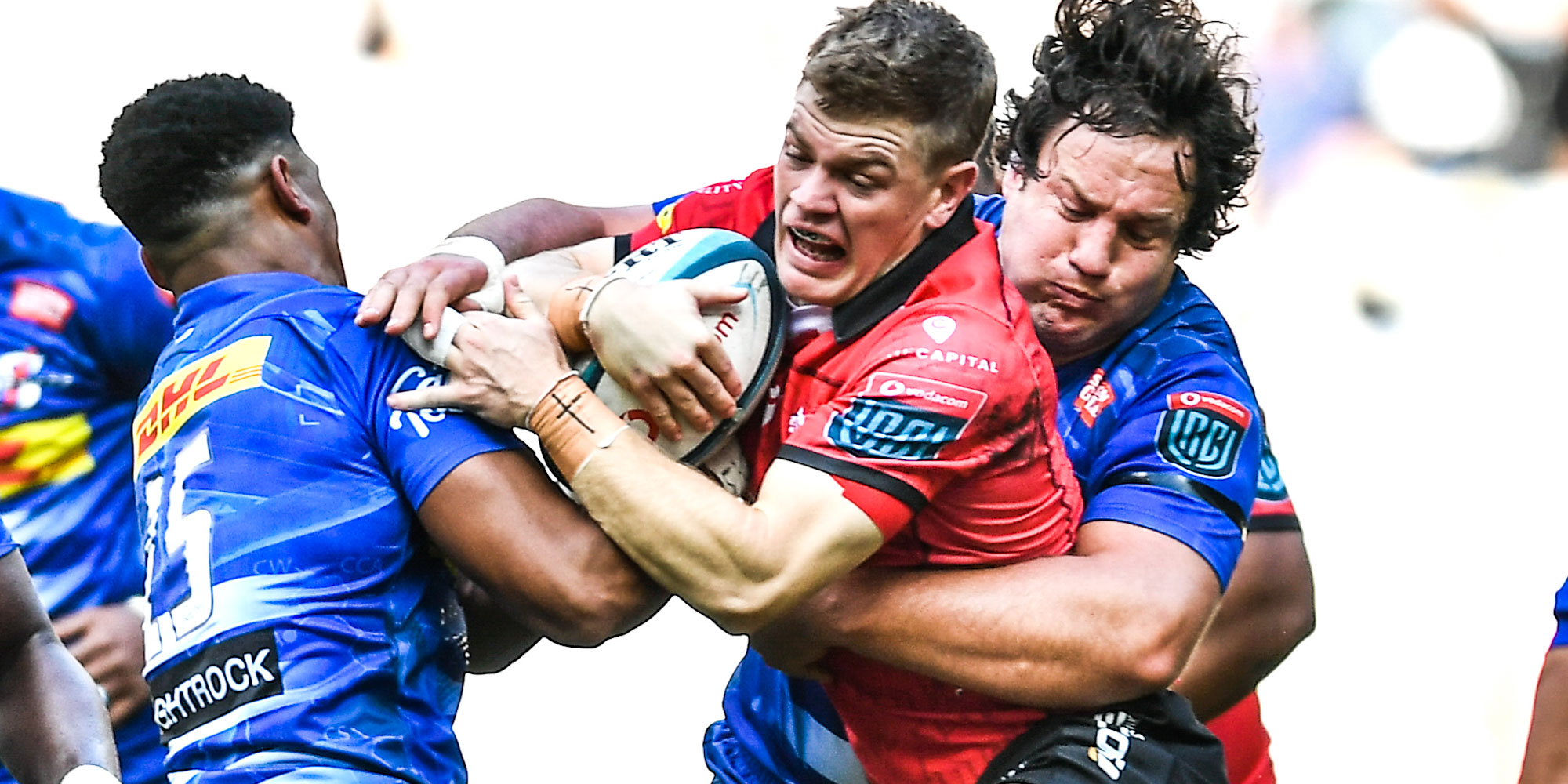 No room to move for the Emirates Lions' Morne van den Berg.