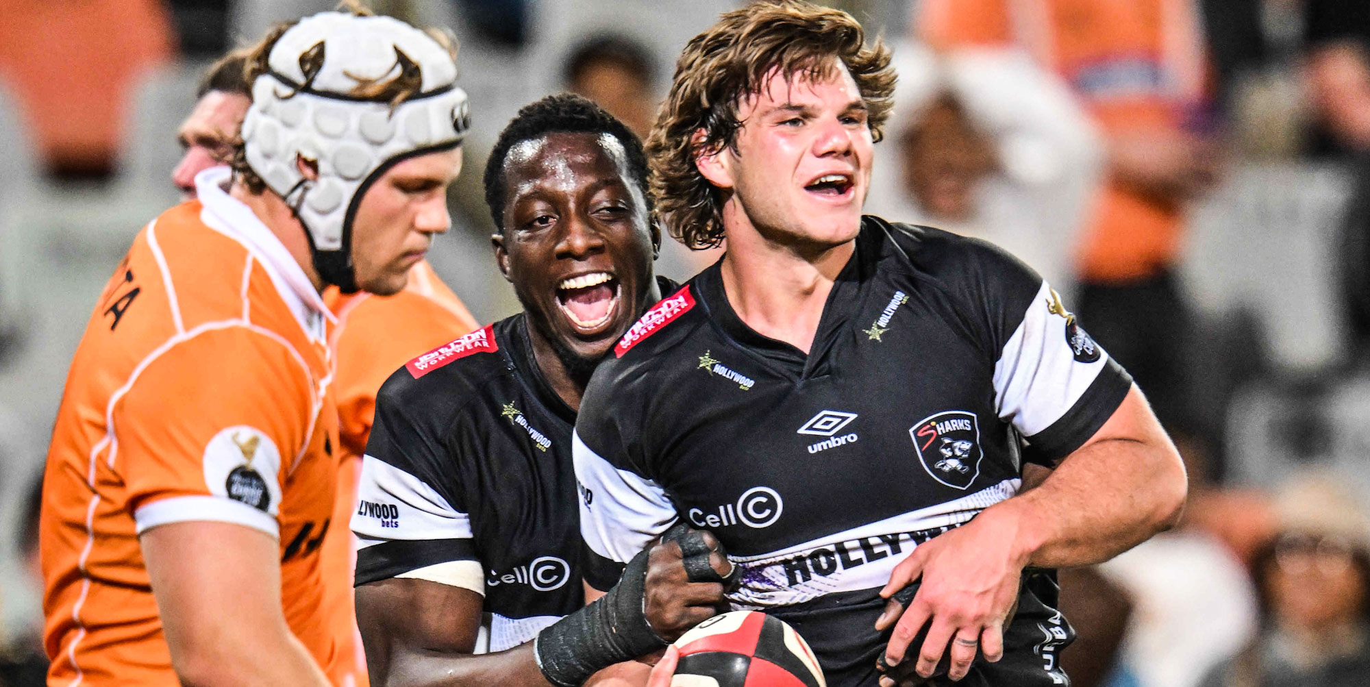 Eduan Keyter celebrates scoring the winning try for the Hollywoodbets Sharks XV.