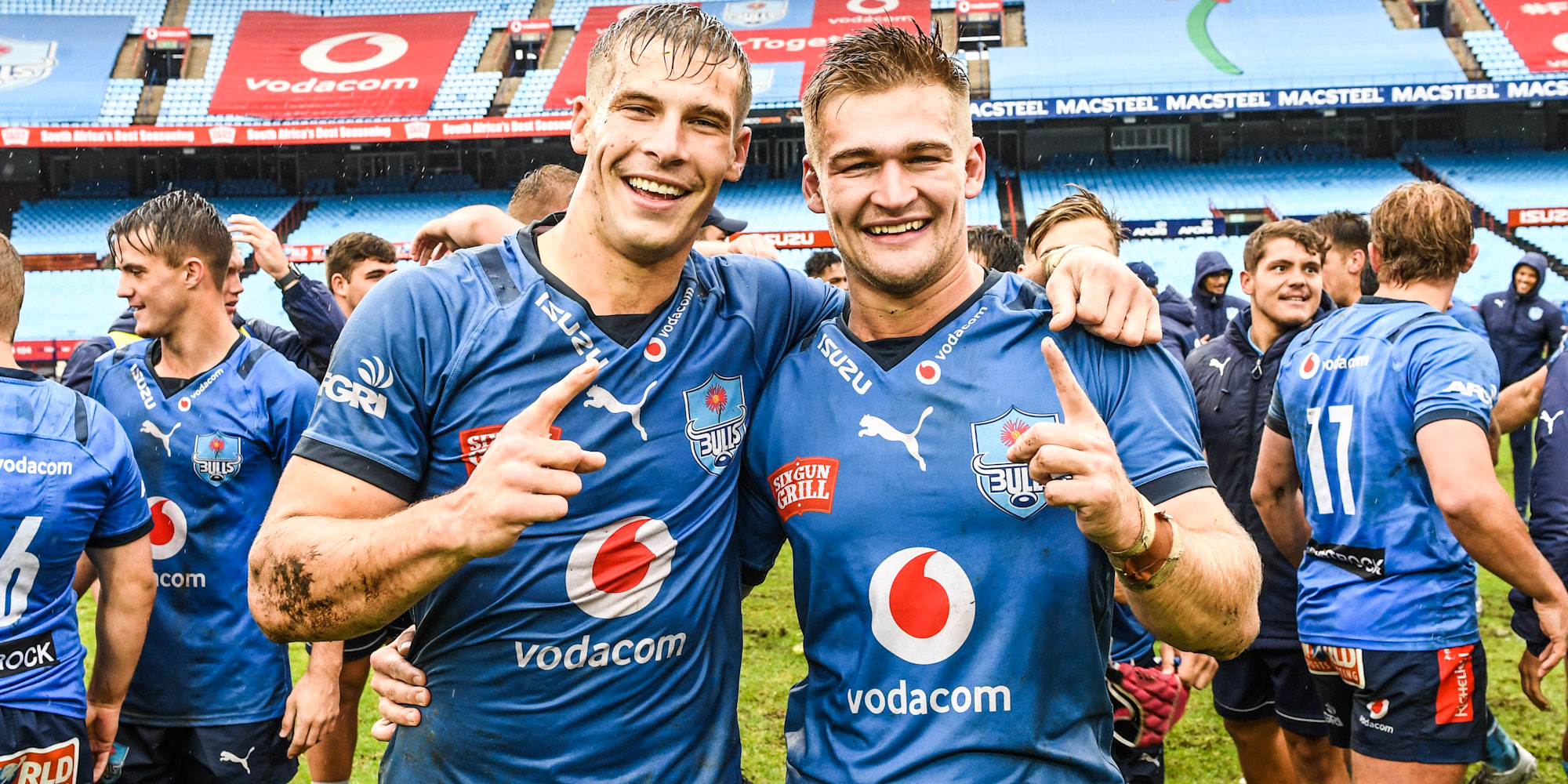 Cameron Hanekom and Eric Basson of the Vodacom Bulls celebrate winning the SA Rugby U20 Cup title.
