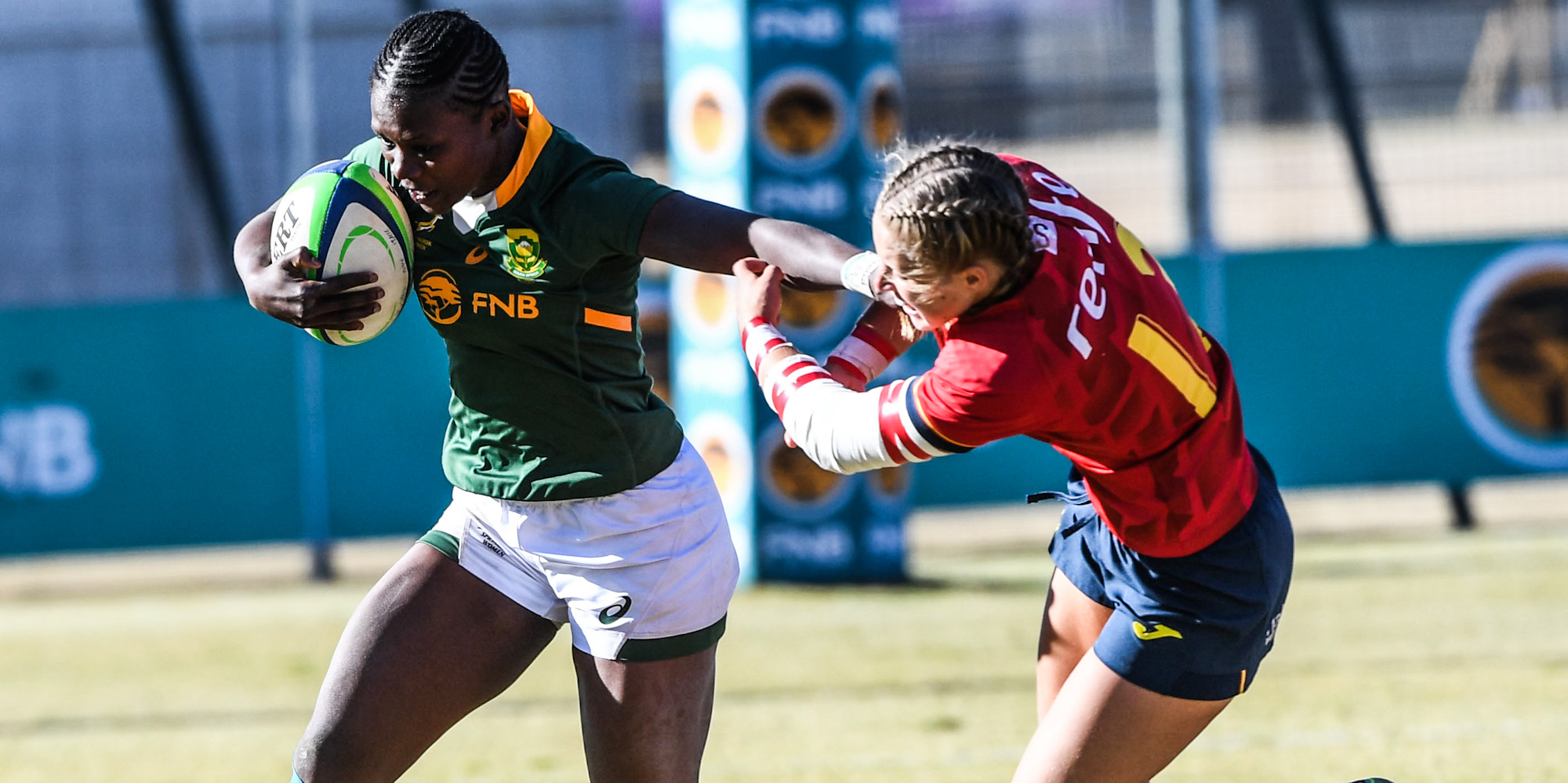 Nomawethu Mabenge on the attack against Spain in Potchefstroom.
