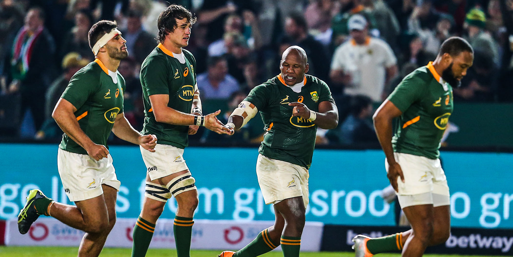 Franco Mostert congratulates Bongi Mbonambi with his 10th Test try.