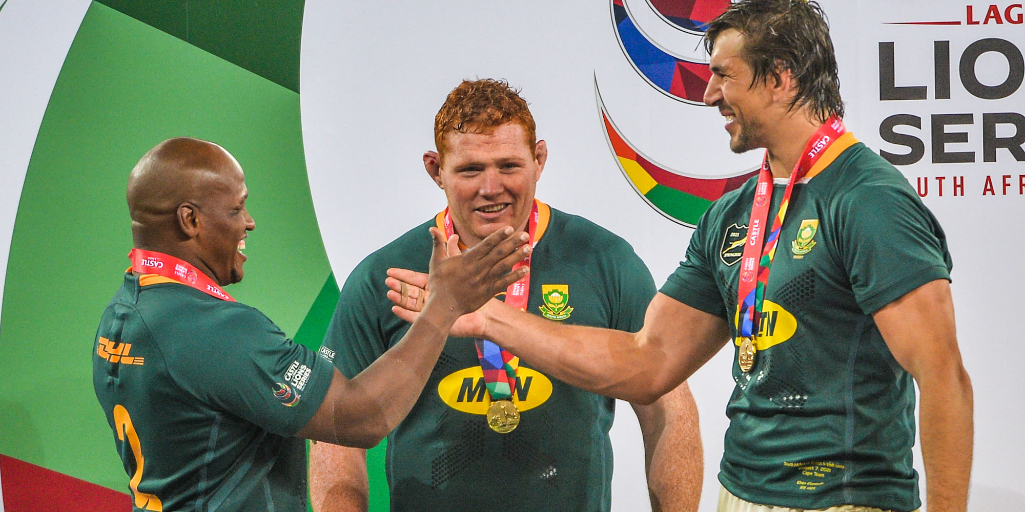 Celebrating the series victory over the British & Irish Lions with Bongi Mbonambi and Eben Etzebeth.