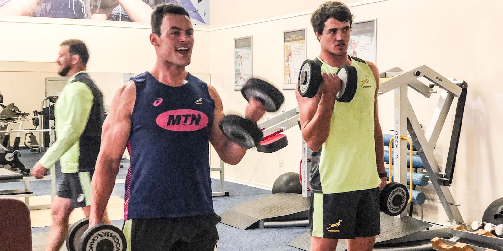 Jesse Kriel and Franco Mostert sweat it out in the gym at the Springbok training camp in Bloemfontein.