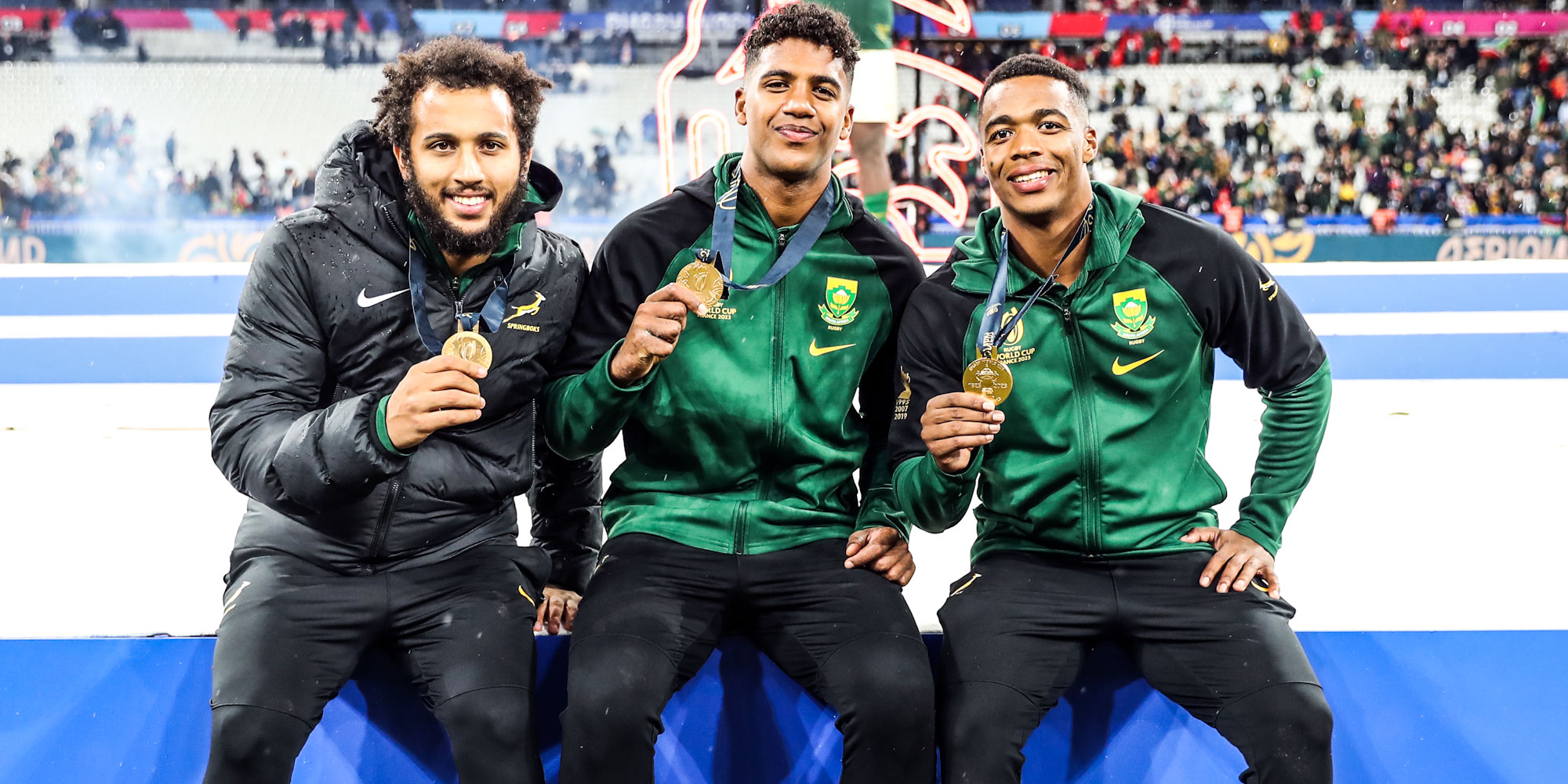 Jaden Hendrikse, Canan Moodie and Grant Williams after the RWC final in Paris last year.