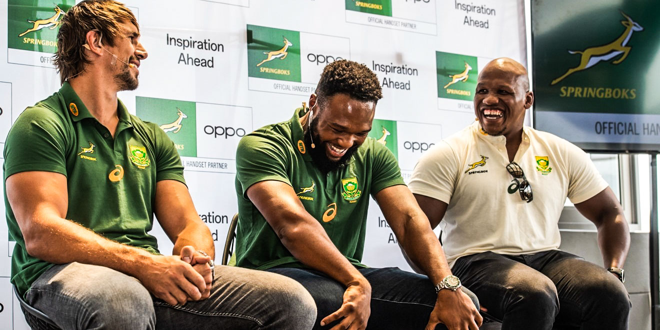 Eben Etzebeth, Lukhanyo Am and Bongo Mbonambi share a light moment at the OPPO sponsorship launch event in Johannesburg.